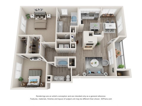 Floor plan for 2 beds, 2 baths, 1297 sqft